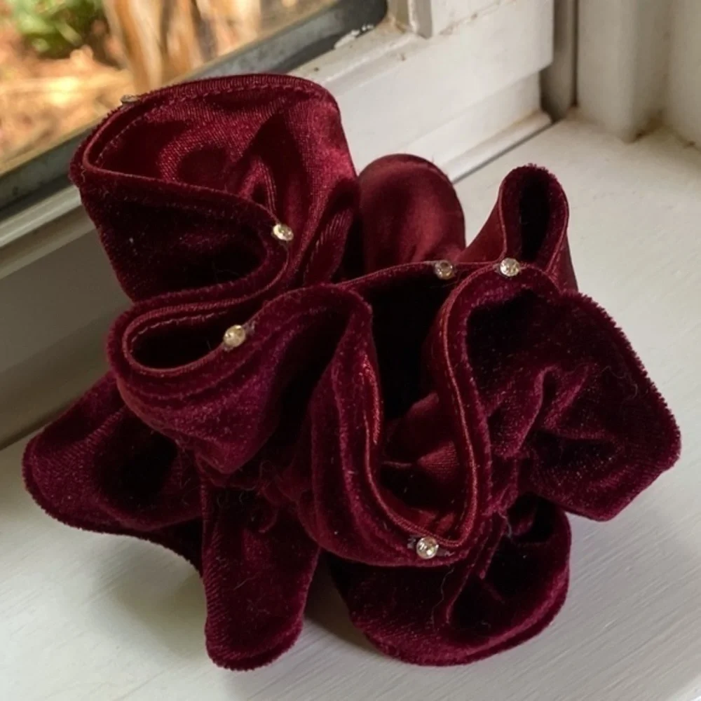 Anthropologie Burgundy Pearl Velvet Hair Scrunchie